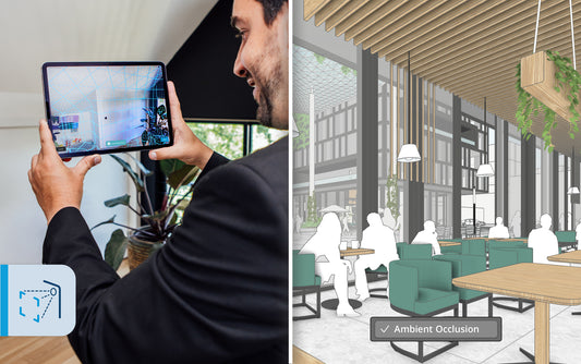 The split image shows someone scanning a room with an iPad on the left, and on the right is a view of a Sketchup model with Ambient Occlusion turned on.
